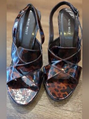 Nine West Leopard Print Patent Slingback Platform Heels (Size 8)